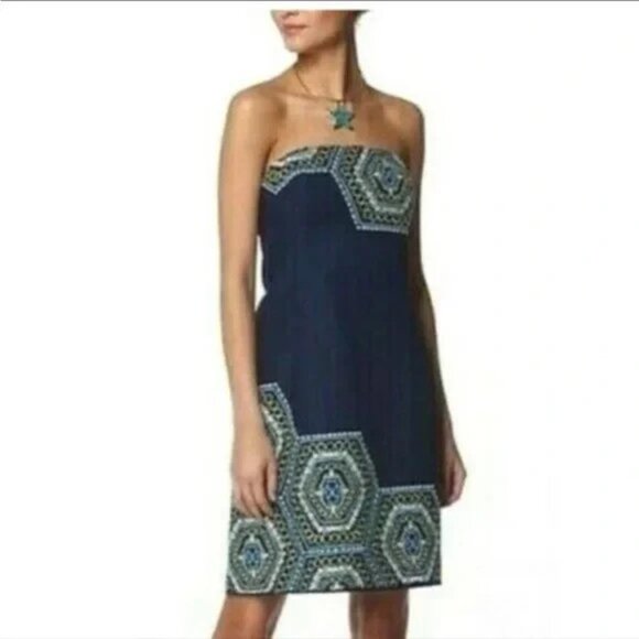 Lilly Pulitzer Bowen Navy Blue Comb Get It Embroidered Strapless Dress Size 6 - Picture 3 of 5